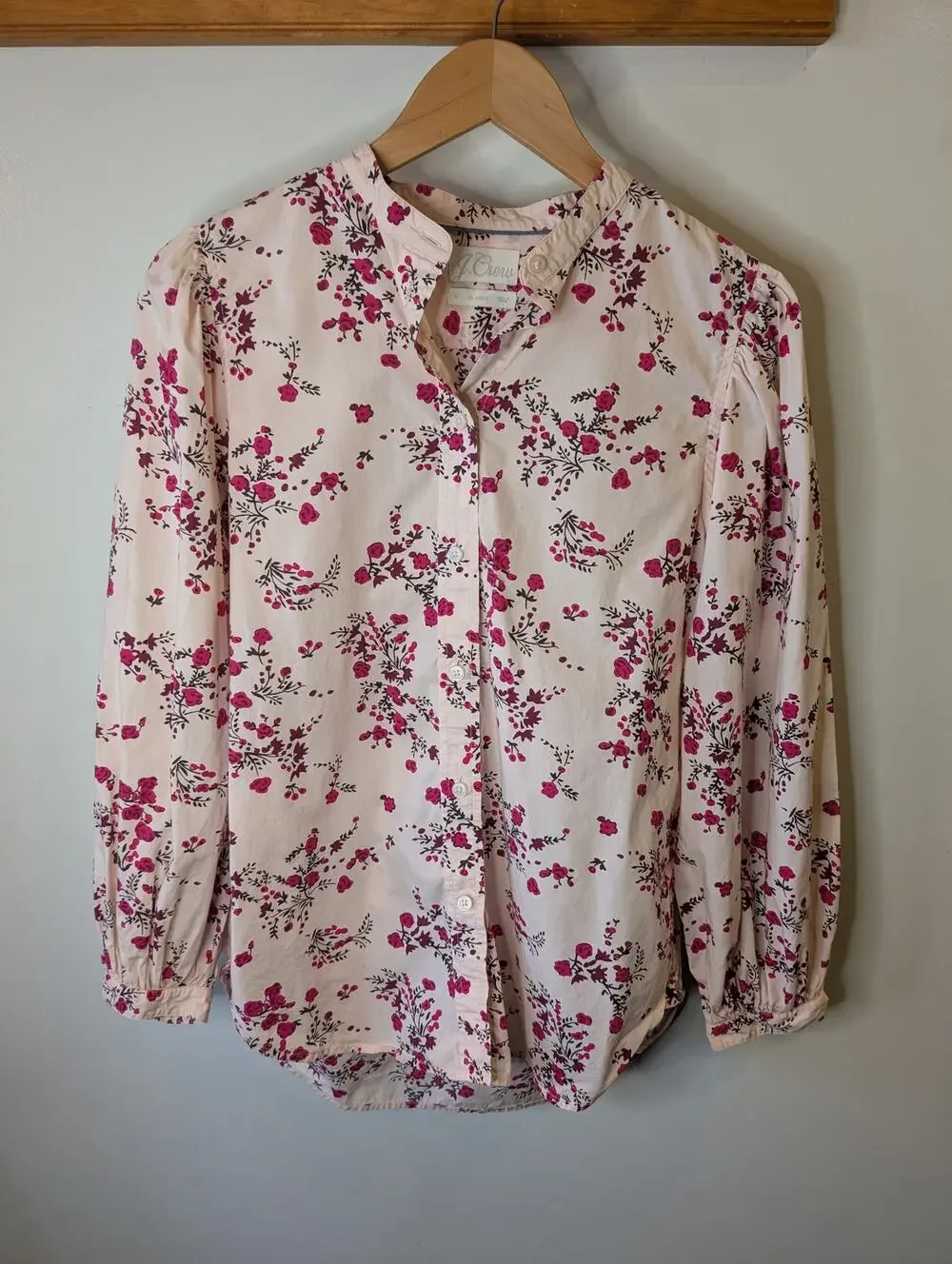 J.Crew Collarless Puff Sleeve Shirt Budding Floral Blush Pink Size 8